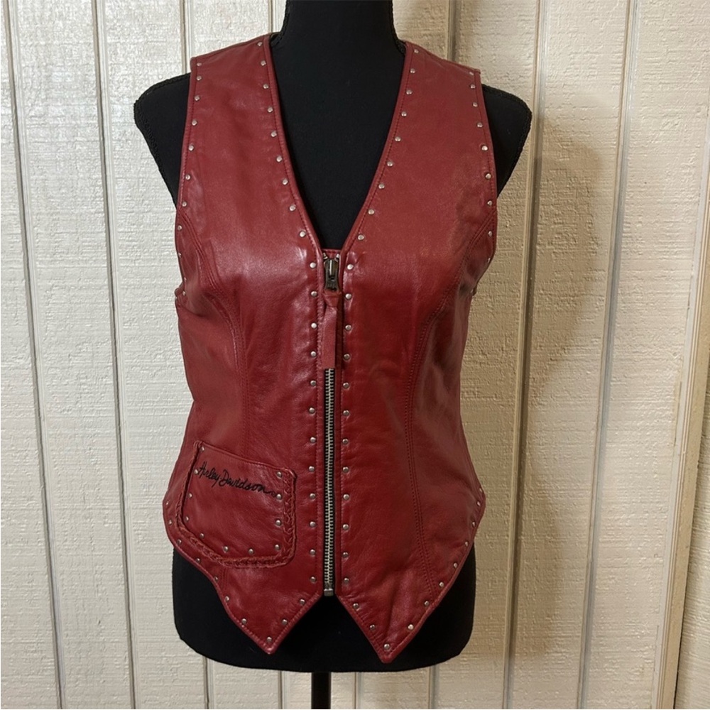 HARLEY-DAVIDSON | Red Genuine Leather Moto Studded Zip Up Women’s Vest Sz Large - Picture 14 of 15